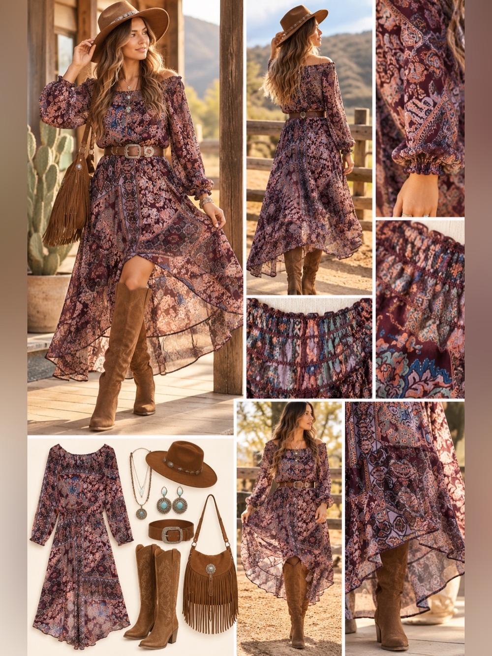 Paisley Boho Peasant Dress | Off Shoulder Hi-Low Hem | Size Large Western Flare